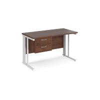 Maestro 25 straight desk 1200mm x 600mm with 2 drawer pedestal - white cable managed leg frame, walnut top