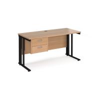 Maestro 25 straight desk 1400mm x 600mm with 2 drawer pedestal - black cable managed leg frame, beech top