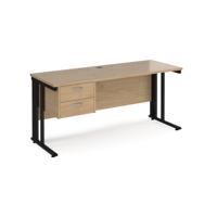 Maestro 25 straight desk 1600mm x 600mm with 2 drawer pedestal - black cable managed leg frame leg, kendal oak top