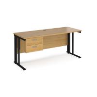 Maestro 25 straight desk 1600mm x 600mm with 2 drawer pedestal - black cable managed leg frame, oak top