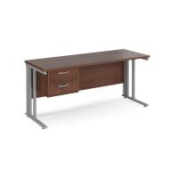 Maestro 25 straight desk 1600mm x 600mm with 2 drawer pedestal - silver cable managed leg frame, walnut top