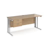 Maestro 25 straight desk 1600mm x 600mm with 2 drawer pedestal - white cable managed leg frame leg, kendal oak top