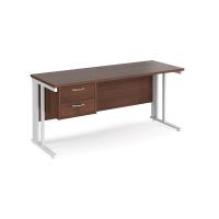 Maestro 25 straight desk 1600mm x 600mm with 2 drawer pedestal - white cable managed leg frame, walnut top