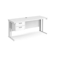 Maestro 25 straight desk 1600mm x 600mm with 2 drawer pedestal - white cable managed leg frame, white top