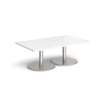 Monza rectangular coffee table with flat round brushed steel bases 1400mm x 800mm - white