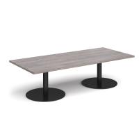 Monza rectangular coffee table with flat round black bases 1800mm x 800mm - grey oak