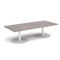 Monza rectangular coffee table with flat round white bases 1800mm x 800mm - grey oak