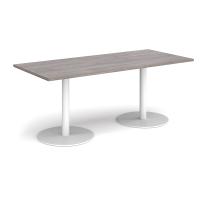 Monza rectangular dining table with flat round white bases 1800mm x 800mm - grey oak