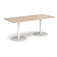 Monza rectangular dining table with flat round white bases 1800mm x 800mm - Kendal oak