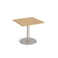 Monza square dining table with flat round brushed steel base 800mm - oak