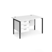 Maestro 25 straight desk 1200mm x 800mm with 3 drawer pedestal - black H-frame leg, white top