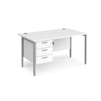Maestro 25 straight desk 1400mm x 800mm with 3 drawer pedestal - silver H-frame leg, white top