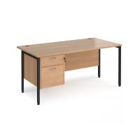 Maestro 25 straight desk 1600mm x 800mm with 2 drawer pedestal - black H-frame leg, beech top