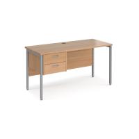 Maestro 25 straight desk 1400mm x 600mm with 2 drawer pedestal - silver H-frame leg, beech top