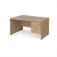Maestro 25 left hand wave desk 1400mm wide with 3 drawer pedestal - kendal oak top with panel end leg