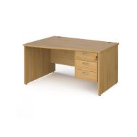 Maestro 25 left hand wave desk 1400mm wide with 3 drawer pedestal - oak top with panel end leg