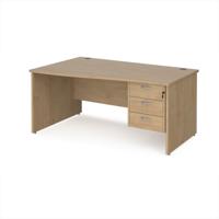 Maestro 25 left hand wave desk 1600mm wide with 3 drawer pedestal - kendal oak top with panel end leg
