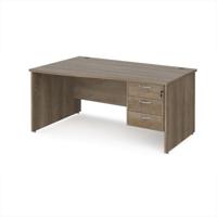 Maestro 25 left hand wave desk 1600mm wide with 3 drawer pedestal - nebraska oak top with panel end leg