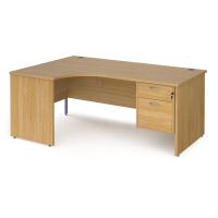 Maestro 25 left hand ergonomic desk 1800mm wide with 2 drawer pedestal - oak top with panel end leg