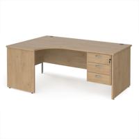 Maestro 25 left hand ergonomic desk 1800mm wide with 3 drawer pedestal - kendal oak top with panel end leg