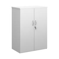 Universal double door cupboard 1090mm high with 2 shelves - white