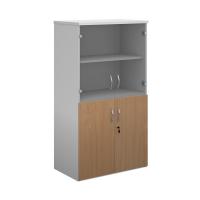 Duo combination unit with glass upper doors 1440mm high with 3 shelves - white with beech lower doors