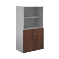Duo combination unit with glass upper doors 1440mm high with 3 shelves - white with walnut lower doors