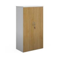 Duo double door cupboard 1440mm high with 3 shelves - white with oak doors