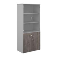 Duo combination unit with glass upper doors 1790mm high with 4 shelves - white with grey oak lower doors