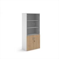 Duo combination unit with glass upper doors 1790mm high with 3 shelves - white with kendal oak lower doors