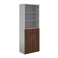 Duo combination unit with glass upper doors 2140mm high with 5 shelves - white with walnut lower doors