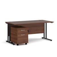 Maestro 25 straight desk 1600mm x 800mm with black cantilever frame and 2 drawer pedestal - walnut