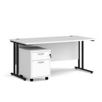 Maestro 25 straight desk 1600mm x 800mm with black cantilever frame and 2 drawer pedestal - white