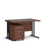 Maestro 25 straight desk 1200mm x 800mm with black cantilever frame and 3 drawer pedestal - walnut