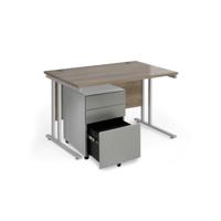 Maestro 25 bundle straight 1200 desk, silver leg frame and silver steel ped -  Grey Nebraska Oak