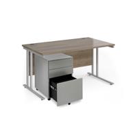 Maestro 25 bundle straight 1400 desk, silver leg frame and silver steel ped - Grey Nebraska Oak