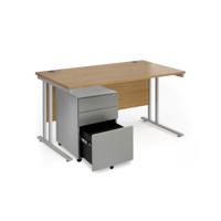Maestro 25 bundle straight 1400 desk, silver leg frame and silver steel ped - Oak