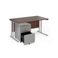 Maestro 25 bundle straight 1400 desk, silver leg frame and silver steel ped - Walnut