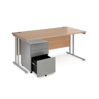 Maestro 25 bundle straight 1600 desk, silver leg frame and silver steel ped - Beech