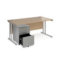 Maestro 25 bundle straight 1600 desk, silver leg frame and silver steel ped - Kendal Oak