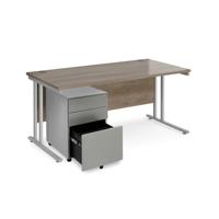 Maestro 25 bundle straight 1600 desk, silver leg frame and silver steel ped - Grey Nebraska Oak