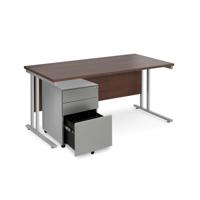 Maestro 25 bundle straight 1600 desk, silver leg frame and silver steel ped - Walnut