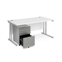 Maestro 25 bundle straight 1600 desk, silver leg frame and silver steel ped - White