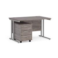 Maestro 25 straight desk 1200mm x 800mm with silver cantilever frame and 3 drawer pedestal - grey oak
