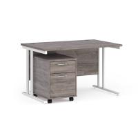 Maestro 25 straight desk 1200mm x 800mm with white cantilever frame and 2 drawer pedestal - grey oak