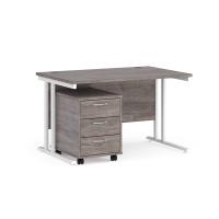 Maestro 25 straight desk 1200mm x 800mm with white cantilever frame and 3 drawer pedestal - grey oak
