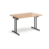 Rectangular folding leg table with black legs and straight foot rails 1200mm x 800mm - beech