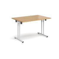 Rectangular folding leg table with white legs and straight foot rails 1200mm x 800mm - oak