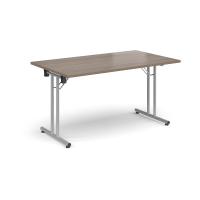 Rectangular folding leg table with silver legs and straight foot rails 1400mm x 800mm - Barcelona Walnut