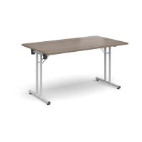 Rectangular folding leg table with white legs and straight foot rails 1400mm x 800mm - Barcelona Walnut